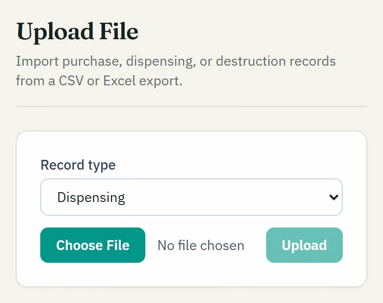 NarcCount's Upload File screen with Dispensing chosen as the record type.
